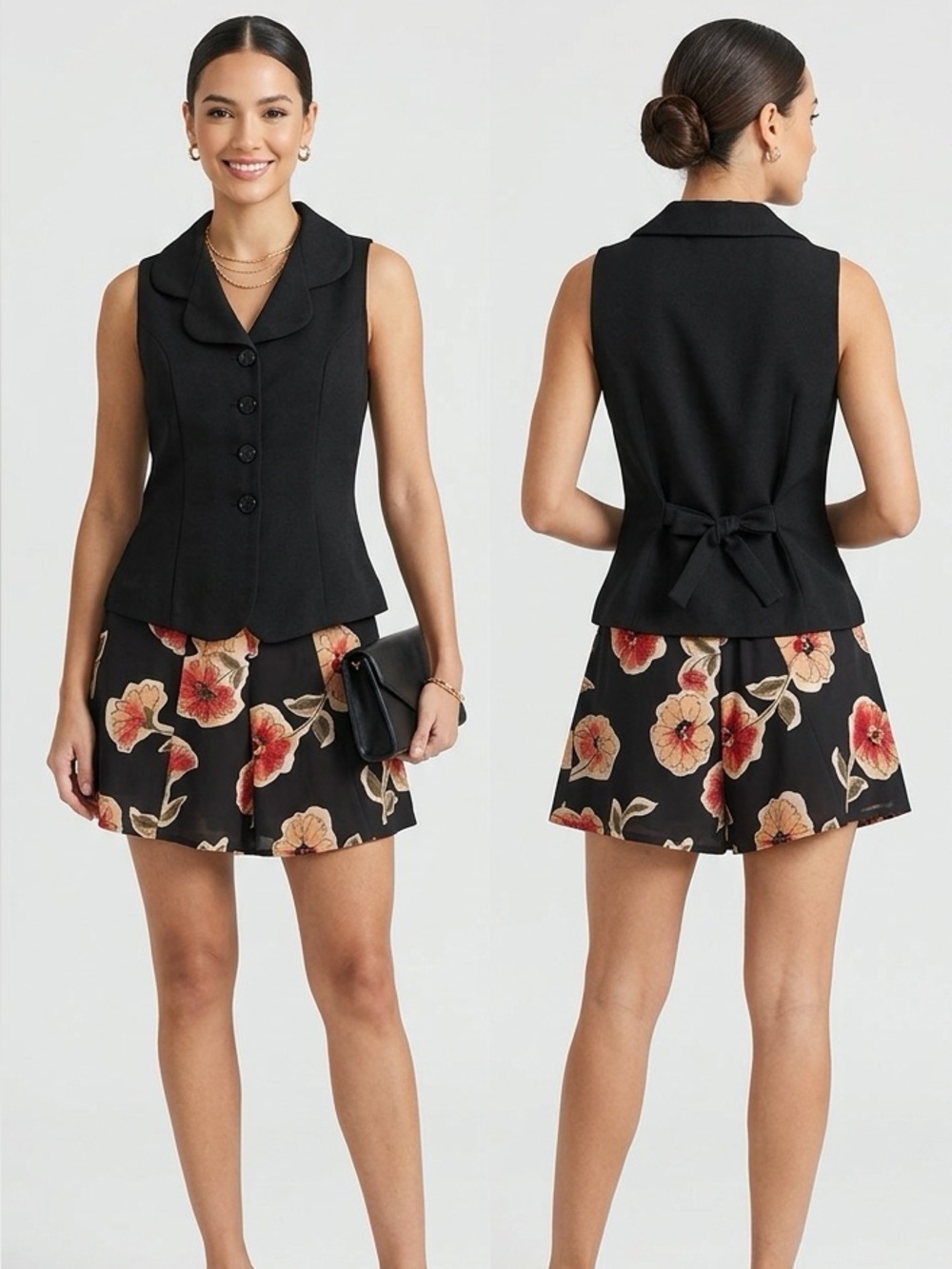 Match Black Vest Dress with Cream and Red Floral Skirt